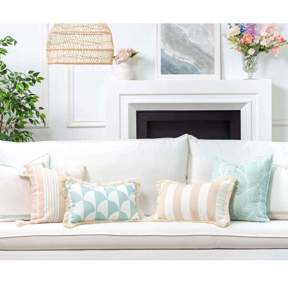 Set of 4 Striped Beige and White Outdoor Throw Pillow - Picture 3 of 5